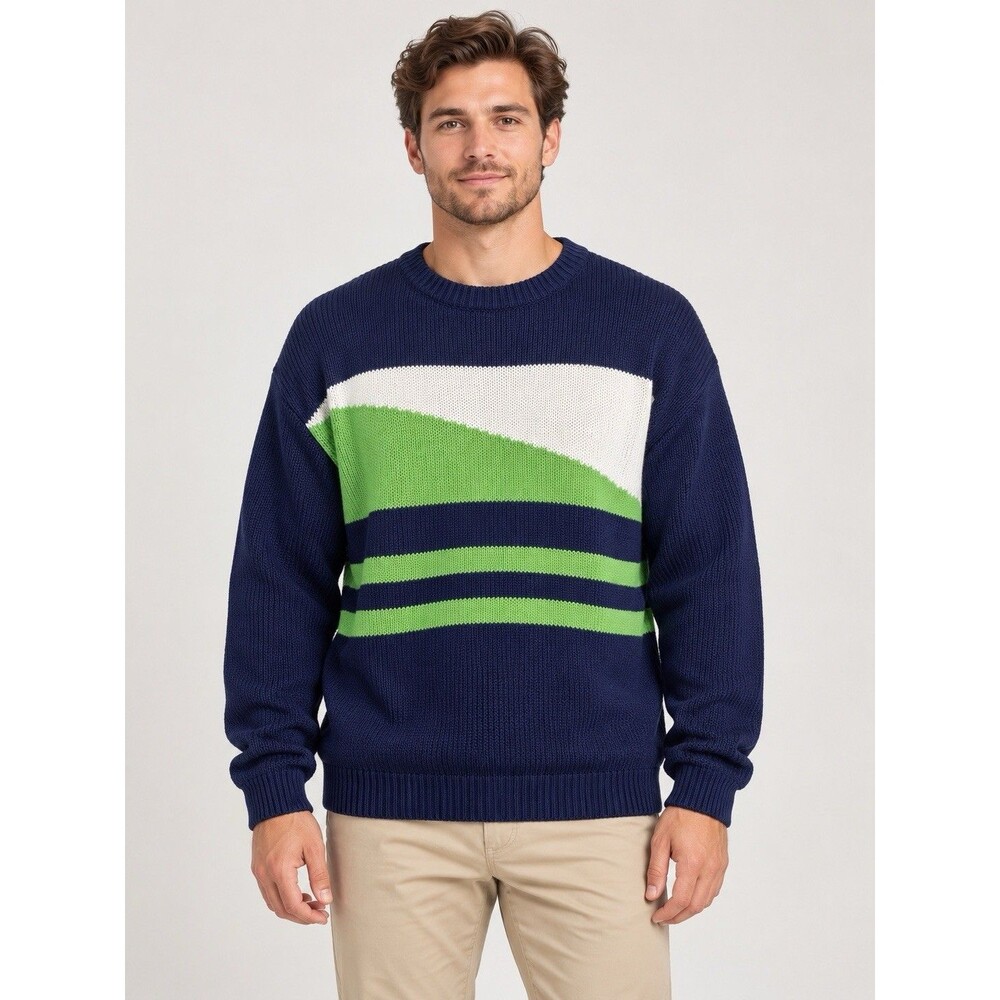 Vintage IZOD Men’s XL Sweater Navy Green White Striped Cotton Crew Neck NWT E